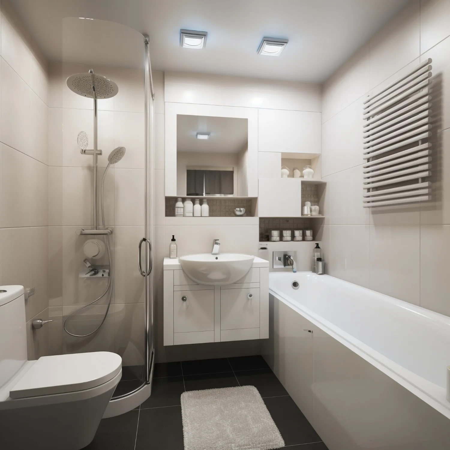Compact bathroom with a glass shower, white vanity and a bathtub